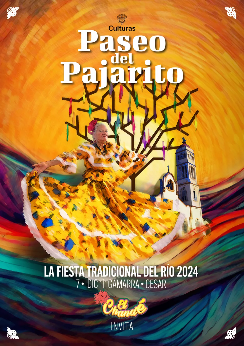 Afiche de El Paseo del Pajarito 2024, "La fiesta tradicional del río", con una bailadora vestida de amarillo frente a la iglesia de Gamarra.