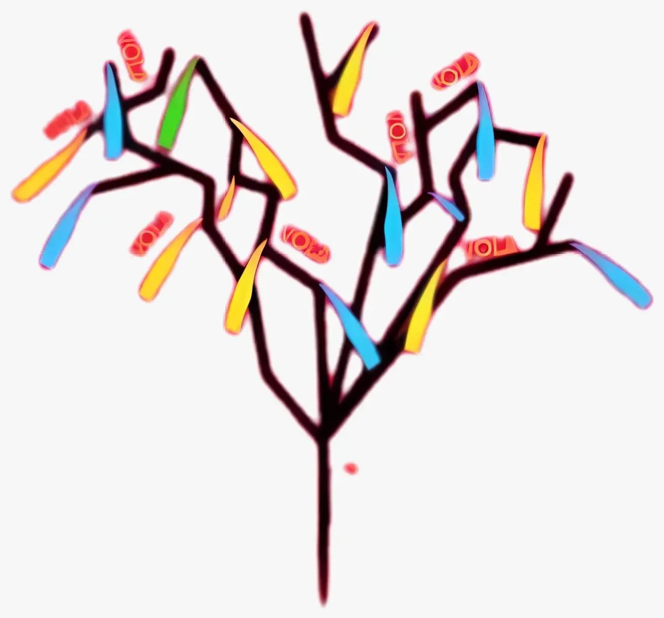 Ilustración del chamizo del Pajarito, la rama adornada con tiras de colores que guía el recorrido.